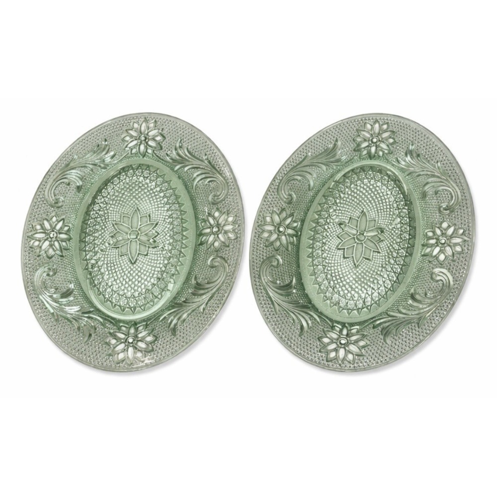 Indiana Glass Chantilly Green Depression‎ Glass Sandwich Snack Plates Set 2 VTG